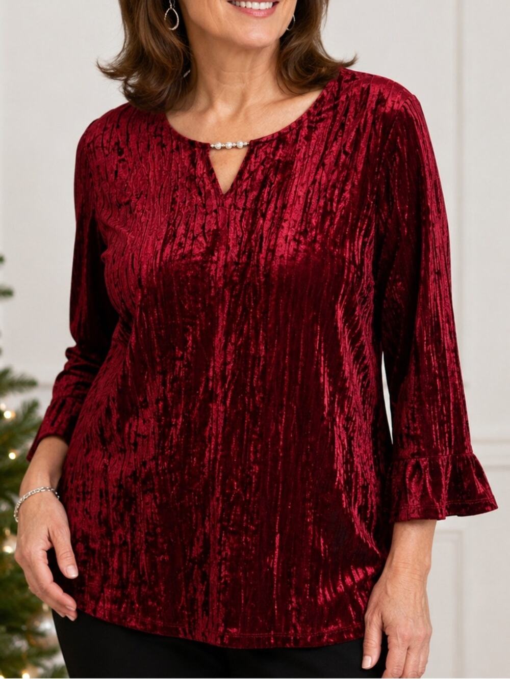 Alfred Dunner XL Crushed Velvet Top Red Burgundy 3/4 Sleeve Stretch Holiday